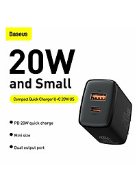 Cóc sạc  Baseus Compact Quick  nhỏ gọn 20W (USB + Type C Dual Port, 20W PD/QC 3.0 Multi Quick Charge Support) cho iPhone 12/iP11/XS Max, Android .. - Hàng chính hãng