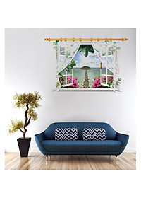 Decal dán tường nguyên miếng cửa sổ hoa đào có rèm SK9020F