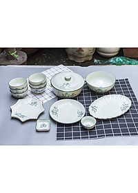 Bộ sản phẩm đồ ăn vẽ hoa sen xanh gốm sứ Bát Tràng