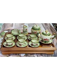 Bộ ấm trà + phụ kiện, men dong, họa tiết vẽ thủ công. Gốm sứ Bát Tràng.