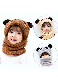 Mũ len nữ lông cừu liền khăn cổ tai gấu ấm áp mùa đông - mu len nu lien khan co
