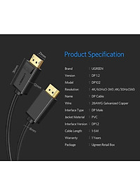 Ugreen UG10212DP102TK 3M Màu Đen Cáp 2 Đầu Displayport chuẩn V1.2 thuần đồng - HÀNG CHÍNH HÃNG