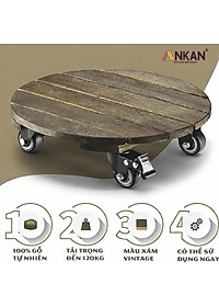 Đế Lót Chậu Cây Có Bánh Xe ANKAN - Hình Tròn D30cm, Gỗ Tràm Bông Cao Cấp, Chịu Tải 120kg (Màu Xám Đen)