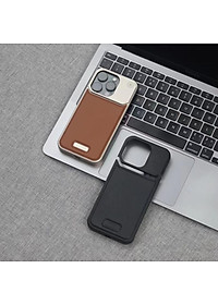 Ốp Lưng da đẳng cấp cho IPhone 15 / 14 Pro Max hiệu NJOYNY Phone, ngăn đựng nước hoa , sạc không dây - Hàng chính hãng