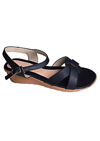 Giày sandal nữ đê xuồng 5cm da bò thật màu đen Trường Hải SDNTH0113