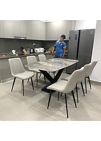 Bộ bàn ăn mặt đá phiến ceramic bóng chân chéo chữ X kết hợp ghế Nelson trám đẹp hiện đại