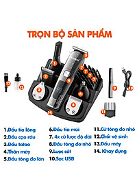 Tông đơ cắt tóc đa năng 11in1 Kemei KM-8508 nhiều đầu thay thế dùng cắt tóc, chấn viền, cạo râu, cạo lông, tỉa lông mũi, cạo chân mày,...có màn hình LED hiển thị điều chỉnh 2 mức tốc độ sạc nhanh 2h