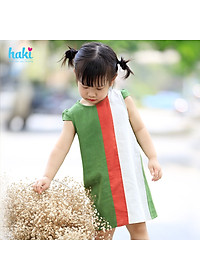 Váy bé gái linen suông chữ A phối kẻ sọc Haki