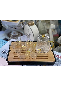 Bộ ấm chén thủy tinh pha trà tay vàng vân sần chịu nhiệt cao cấp kèm khay gỗ tre