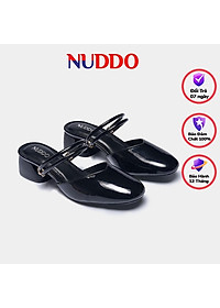 Giày sandal cao gót nữ mũi tròn thời trang NUDDO gót vuông cao 3 phân da bóng phong cách Hàn Quốc