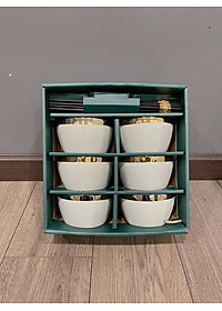 Bộ 6 Bát Sứ Màu Xanh-Trắng Viền Mạ Vàng Cao Cấp- Tặng Kèm Đũa Phong Cách Nhật- Hàng Chính Hãng MINIIN