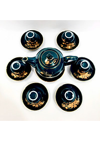 Bộ ấm chén Bát Tràng cao cấp màu xanh Arctic họa tiết hoa sen vẽ vàng 24k