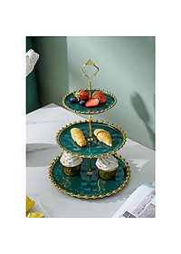 KHAY ĐỰNG BÁNH KẸO HOA QUẢ BẰNG SỨ 3 TẦNG VIỀN VÀNG CAO CẤP SANG TRỌNG