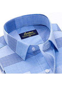Áo Sơ Mi Nam Thương Hiệu Anton Dài Tay Công Sở Trung Niên Vải Cotton Họa Tiết Kẻ Caro Màu Xanh - X8566