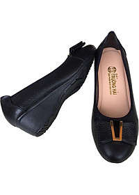 [HÌNH ẢNH THẬT]  Giày nữ đế xuồng 3cm Trường Hải đính nơ xinh màu đen da bò cao cấp mềm mại đế xuồng cao su chống mòn không trơn DX0311