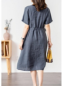 Đầm linen dáng suông cổ V , Đầm sơ mi ngắn tay nhún eo, mặc đi chơi, đi làm Haint Boutique Da173