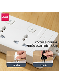Ổ Cắm Điện Đa Năng Kèm Cổng USB Có Công Tắc Tải 2500W Nắp Chống Giật Chống Cháy Chất Lượng Cao Deli - Dây 2M/3M/5M - ET401 411