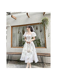 Váy hoa nhí cổ vuông tiểu thư - váy trắng hoa nhí hàn quốc