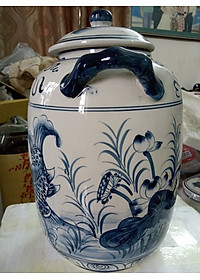 Hũ đựng gạo gốm sứ Bát Tràng vẽ cá chép loại 15L