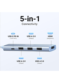 Cáp chuyển USB-C sang HDMI + PD 100W + 3 x USB 3.0 Ugreen 35581 - Hàng chính hãng