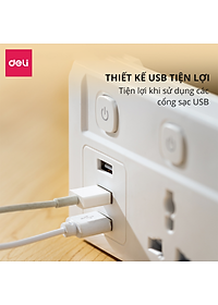 Ổ Cắm Điện Đa Năng Kèm Cổng USB Có Công Tắc Tải 2500W Nắp Chống Giật Chống Cháy Chất Lượng Cao Deli - Dây 2M/3M/5M - ET401 411