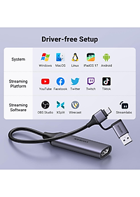 Cáp ghi hình HDMI Ugreen 25854 CM716 sang USB A/ USB C Hỗ trợ Capture 4K30Hz Output 1080P@60Hz - Hàng chính hãng