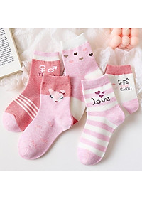 Tất cho bé gái màu hồng họa tiết đáng yêu vớ cổ cao nhiều size cho trẻ em học sinh 4 - 15 tuổi TA16