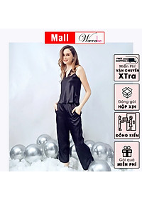 Đồ bộ mặc nhà phi lụa Wannabe, bộ dài bds04 viền ren hoa nữ tính, sang trọng