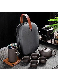 Bộ Bình Trà Tử Sa Mini Có Túi Đựng Đi Du Lịch Tiện Lợi Thích Hợp 2 - 4 Người Dùng Gồm 1 Ấm Trà, 4 Tách, 1 Bình Đựng Trà - Hàng chính hãng 