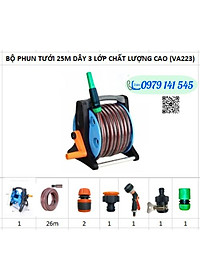 Bộ Vòi Phun Nước Tưới Cây, Rửa Xe VA223 gồm: Vòi Phun Tưới Tăng Áp + Khung Lô Cuốn Ống Dây + Phụ Kiện Khớp nối+ 20-25m Dây Dẫn Nước kết cấu 3 lớp chống xoắn, vòi phun đa năng chất lượng cao/ Hồng Thanh Garden