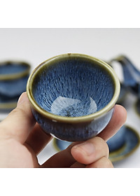 Bộ ấm chén Bát Tràng men Hỏa biến xanh sóng biển