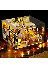 Nhà búp bê lắp ghép bằng gỗ có đèn Led, mẫu Comfortable Life tặng kèm dụng cụ lắp ráp, keo silicon
