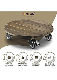 Đế Lót Chậu Cây Có Bánh Xe Cao Cấp ANKAN Hình Tròn Màu Xám Đen R30Cm Tải trọng 150 Kg Gỗ Tràm Bông