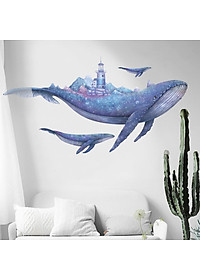 Sticker Giấy Dán Tường Decal Dán tường Tranh Dán Tường Trang Trí Tường Mẫu Cá Voi Xanh có ngọn Hải Đăng ZH-1011