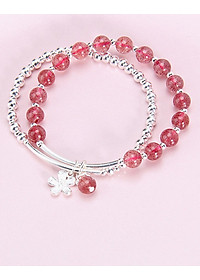 Vòng tay 2 line đá thạch anh dâu phối charm hoa bạc mệnh hỏa, thổ - Ngọc Quý Gemstones