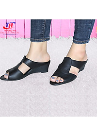 Dép nữ đế xuồng Trường Hải cao 6.5cm quai dép da bò thật không bong tróc đế cao su không trơn thời trang cao cấp DXN0822
