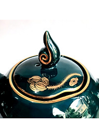 Bộ ấm chén Bát Tràng cao cấp phú quý Mallard màu xanh Arctic họa tiết hoa sen vẽ vàng 24k 