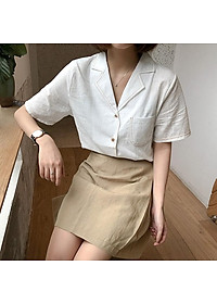 Áo sơ mi nữ thô đũi viền cổ, áo kiểu nữ cộc tay cổ vest viền chỉ freesize s21