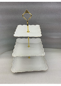 KHAY SỨ ĐỰNG BÁNH KẸO HOA QUẢ 3 TẦNG TRẮNG HOA DẬP NỔI - ANTH618