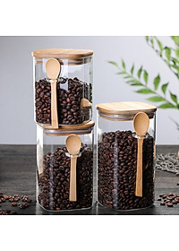 Hủ thủy tinh đựng hạt nắp gỗ tre có muỗng HOBBY Home Decor LTT1 có 3 size tùy chọn loại nắp kín