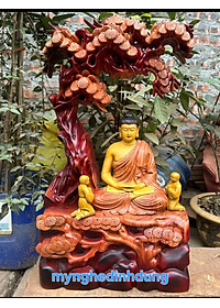 TƯỢNG PHẬT THÍCH CA NGỒI GỐC CÂY TÙNG BẰNG GỖ HƯƠNG ĐÁ TÔ LÀM MẦU GIẢ CỔ KT 50×31×15CM