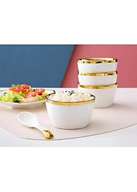 Bộ 6 Bát Sứ Màu Xanh-Trắng Viền Mạ Vàng Cao Cấp- Tặng Kèm Đũa Phong Cách Nhật- Hàng Chính Hãng MINIIN