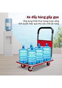 Xe đẩy hàng 4 bánh gấp gọn sàn thép FUJIHOME nhập khẩu, xe kéo hàng xếp gọn, bánh xe có chốt hãm - hàng chính hãng