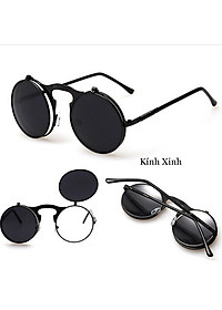 Kính Mát 2 Lớp Mở Nắp Mắt Tròn Nhỏ Gọng Kim Loại Chống Nắng Uv Cao Cấp - Nhiều Màu Lựa Chọn