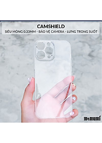 Ôp lưng trong suốt siêu mỏng 0.3mm bảo vệ camera cho iPhone 15 Pro Max 15 Pro 15 Plus iP 15 hiệu Memumi Camshield - Thiết kế mặt lưng PC chống ố vàng, trang bị màng camera - Hàng nhập khẩu
