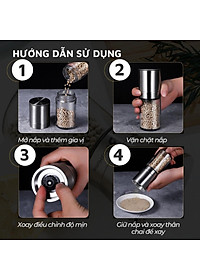 Lọ xay tiêu DandiHome inox 304, thủy tinh Borosilicat cao cấp trong suốt