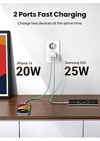Ugreen UG15327CD294TK 45W 2C GaN chuẩn cắm EU chân tròn Màu Trắng Củ sạc nhanh 2 cổng USB-C - HÀNG CHÍNH HÃNG