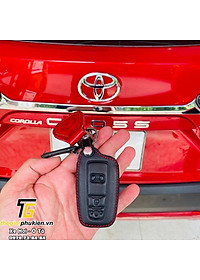 Bao da móc viền chỉ đỏ bảo vệ chìa khóa xe Toyota Corolla Cross 2020 kèm móc đeo Inox