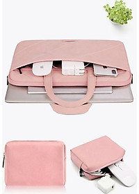 Túi xách da chống sốc cho máy tính, macbook, laptop màu hồng cute - Tặng kèm gấu bông và ví đựng phụ kiện