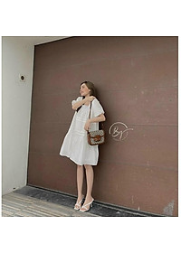 Đầm suông babydoll cổ vuông nhún tầng tay phồng xinh xắn